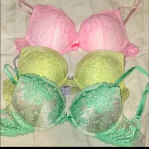 Victoria's Secret 36B Pink, Green,and Yellow Lace 3 Bras with Underwire Support